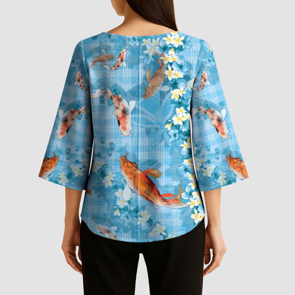 Blue Palaka Hawaiian And Japanese Kimono Sleeve Blouse Sakura Lei With Koi Fish - Polynesian Pride