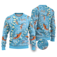 Blue Palaka Hawaiian And Japanese Ugly Christmas Sweater Sakura Lei With Koi Fish - Polynesian Pride