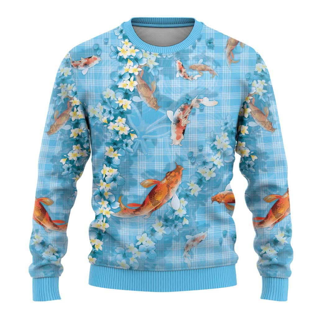 Blue Palaka Hawaiian And Japanese Ugly Christmas Sweater Sakura Lei With Koi Fish - Polynesian Pride
