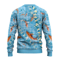 Blue Palaka Hawaiian And Japanese Ugly Christmas Sweater Sakura Lei With Koi Fish - Polynesian Pride
