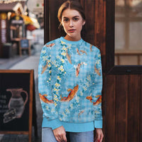 Blue Palaka Hawaiian And Japanese Ugly Christmas Sweater Sakura Lei With Koi Fish - Polynesian Pride