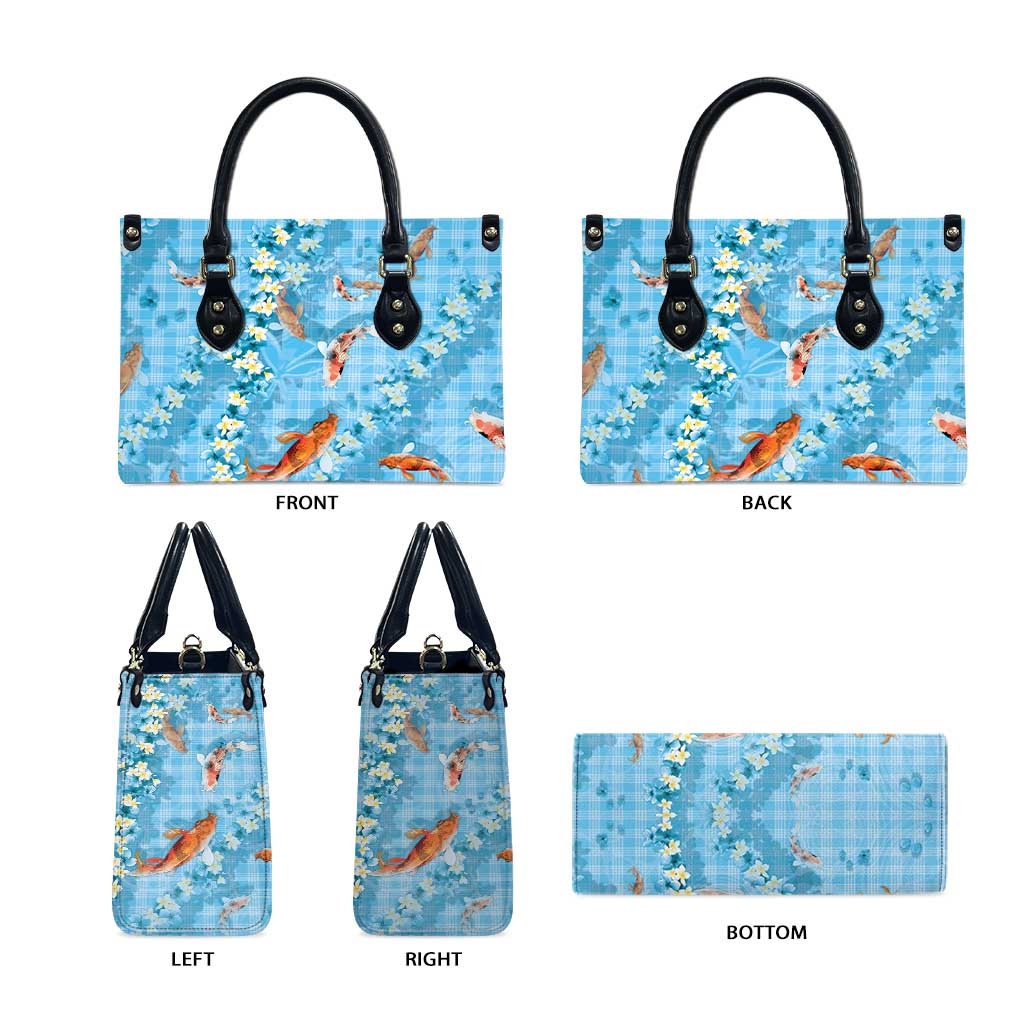 Blue Palaka Hawaiian And Japanese Leather Bag Sakura Lei With Koi Fish - Polynesian Pride