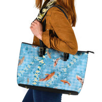 Blue Palaka Hawaiian And Japanese Leather Tote Bag Sakura Lei With Koi Fish - Polynesian Pride