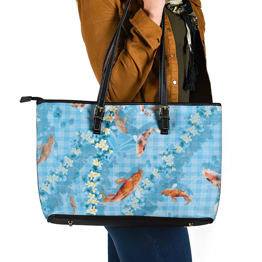 Blue Palaka Hawaiian And Japanese Leather Tote Bag Sakura Lei With Koi Fish - Polynesian Pride