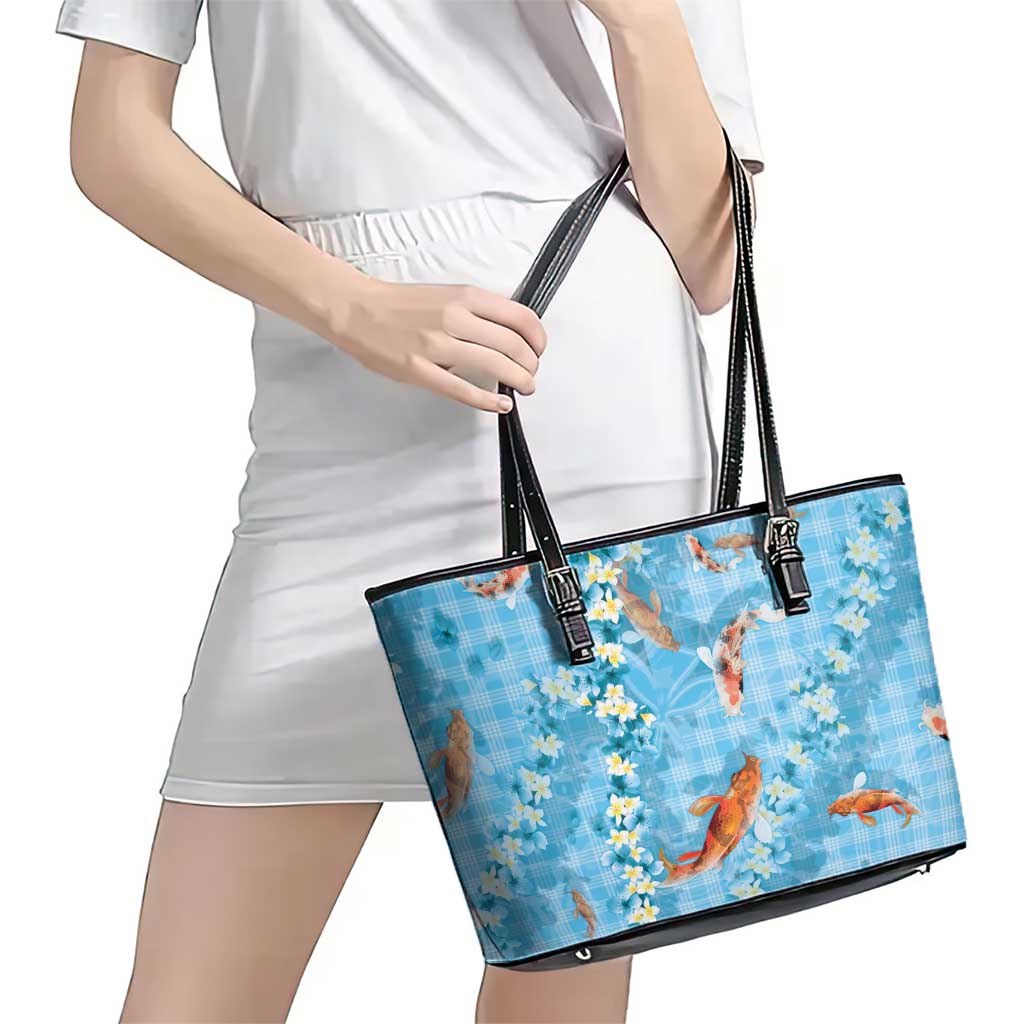 Blue Palaka Hawaiian And Japanese Leather Tote Bag Sakura Lei With Koi Fish - Polynesian Pride