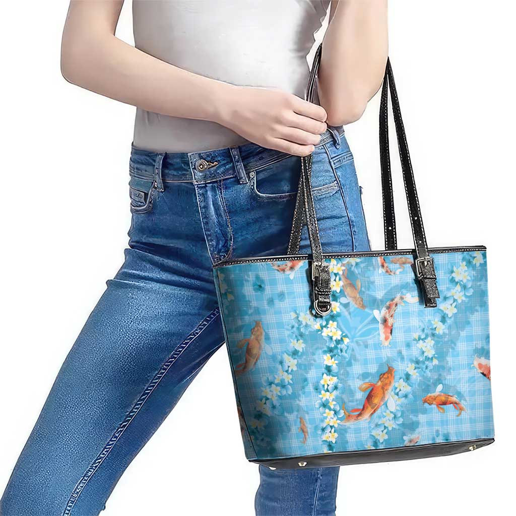 Blue Palaka Hawaiian And Japanese Leather Tote Bag Sakura Lei With Koi Fish - Polynesian Pride