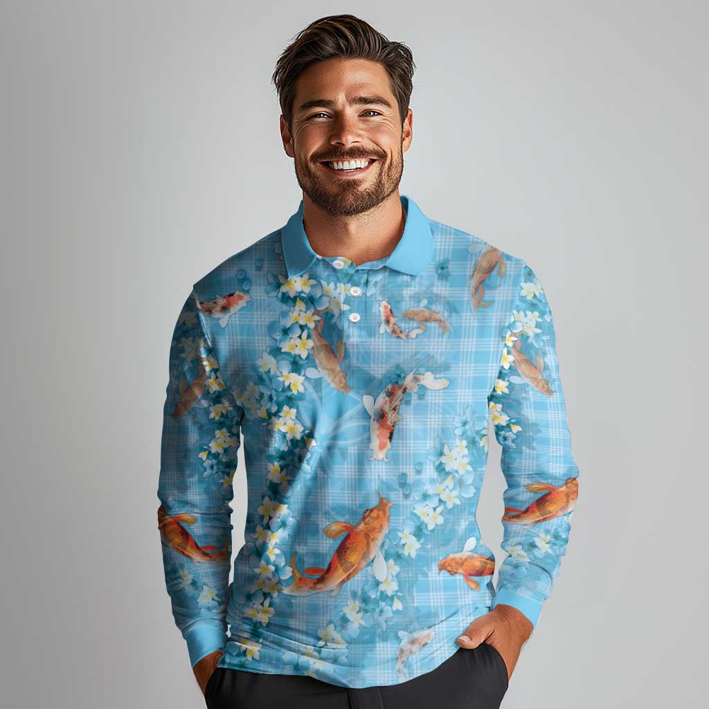 Blue Palaka Hawaiian And Japanese Long Sleeve Polo Shirt Sakura Lei With Koi Fish - Polynesian Pride