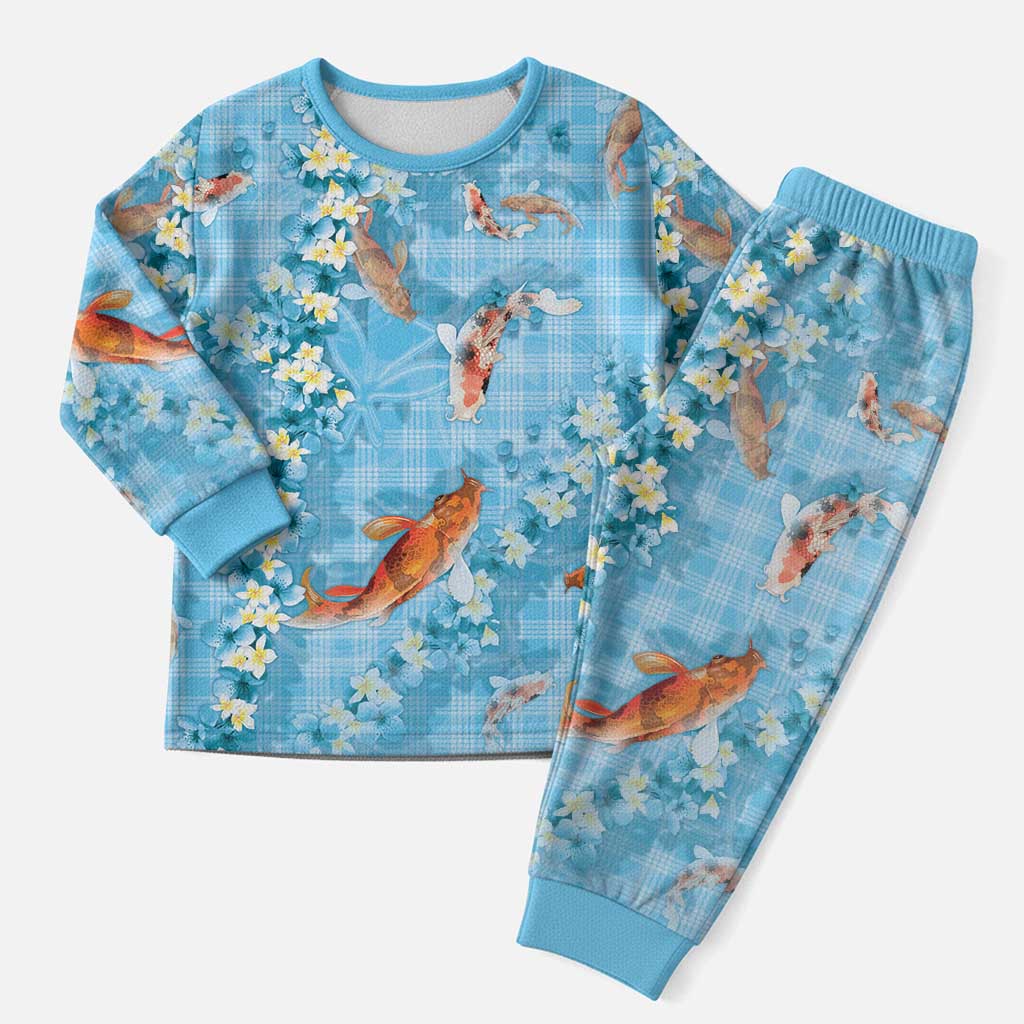Blue Palaka Hawaiian And Japanese Christmas Pajama Set Sakura Lei With Koi Fish - Polynesian Pride