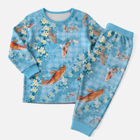 Blue Palaka Hawaiian And Japanese Christmas Pajama Set Sakura Lei With Koi Fish - Polynesian Pride