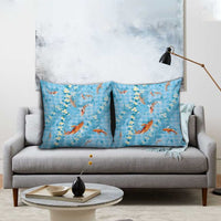 Blue Palaka Hawaiian And Japanese Pillow Cover Sakura Lei With Koi Fish - Polynesian Pride