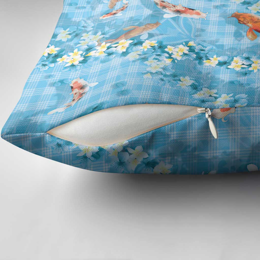 Blue Palaka Hawaiian And Japanese Pillow Cover Sakura Lei With Koi Fish - Polynesian Pride