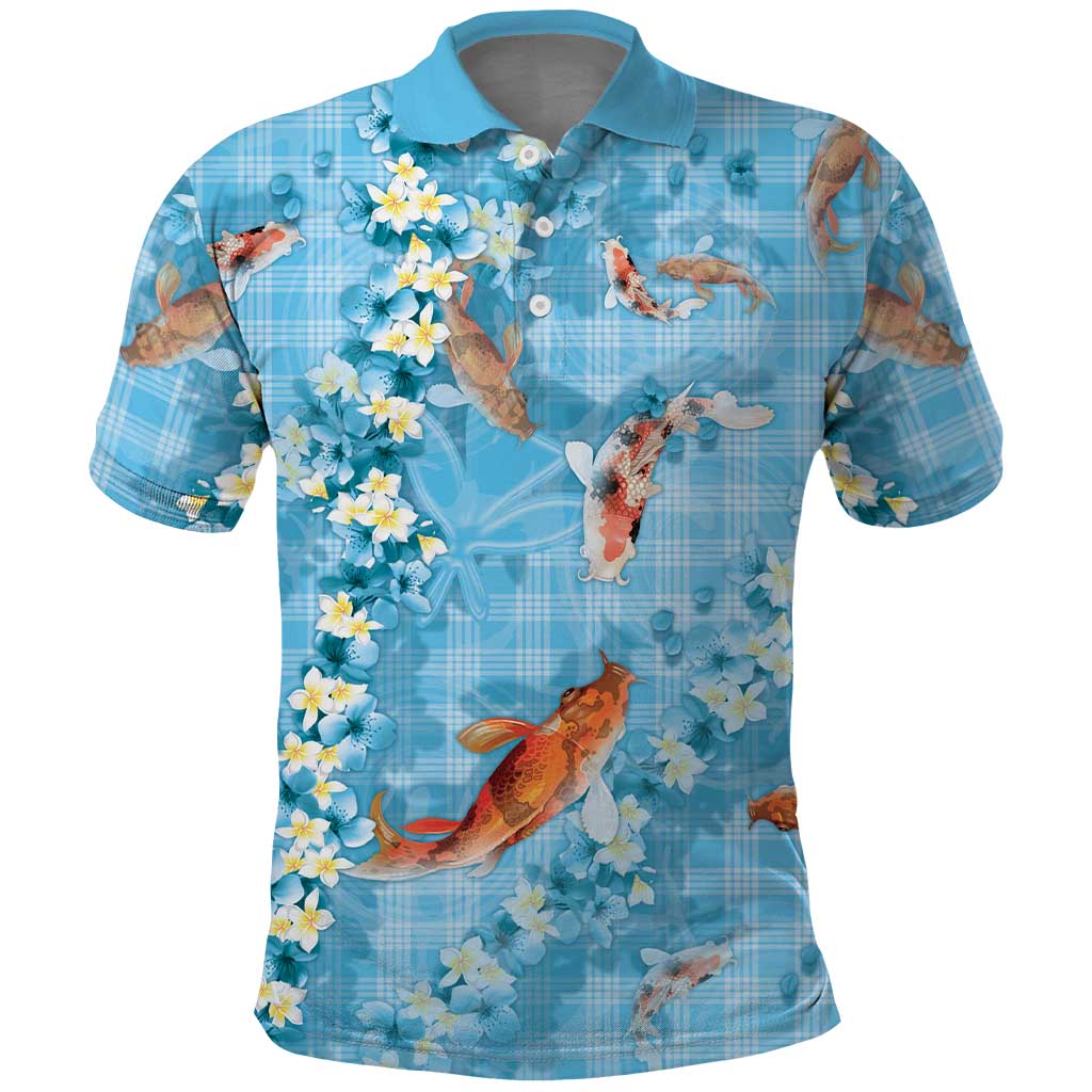 Blue Palaka Hawaiian And Japanese Polo Shirt Sakura Lei With Koi Fish - Polynesian Pride