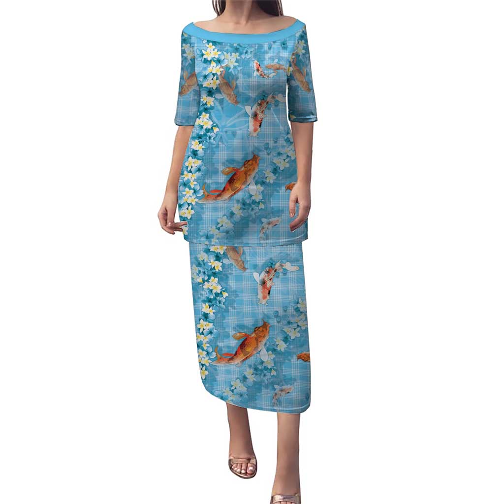 Blue Palaka Hawaiian And Japanese Puletasi Sakura Lei With Koi Fish DT05 Long Dress Blue - Polynesian Pride