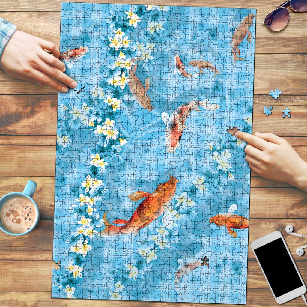 Blue Palaka Hawaiian And Japanese Puzzle Sakura Lei With Koi Fish - Polynesian Pride