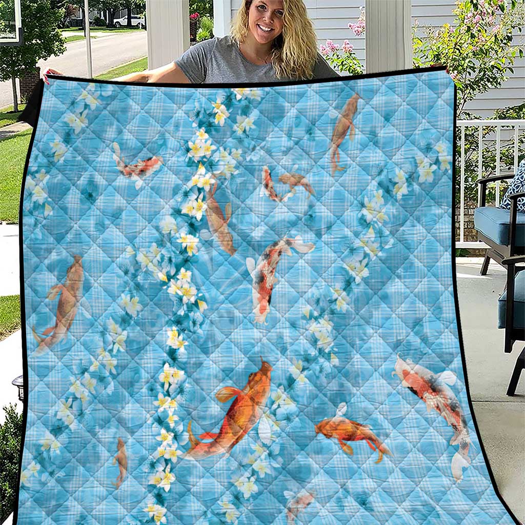 Blue Palaka Hawaiian And Japanese Quilt Sakura Lei With Koi Fish DT05 Blue - Polynesian Pride