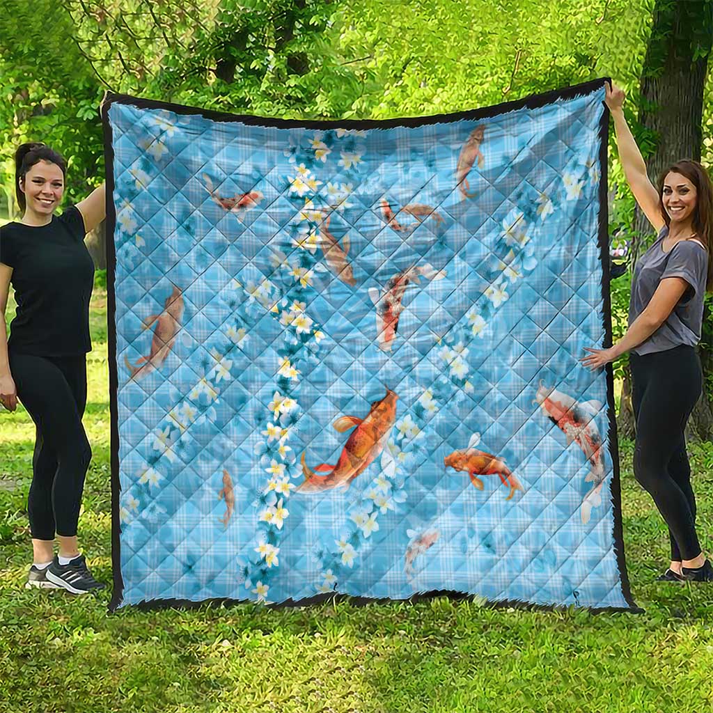Blue Palaka Hawaiian And Japanese Quilt Sakura Lei With Koi Fish - Polynesian Pride