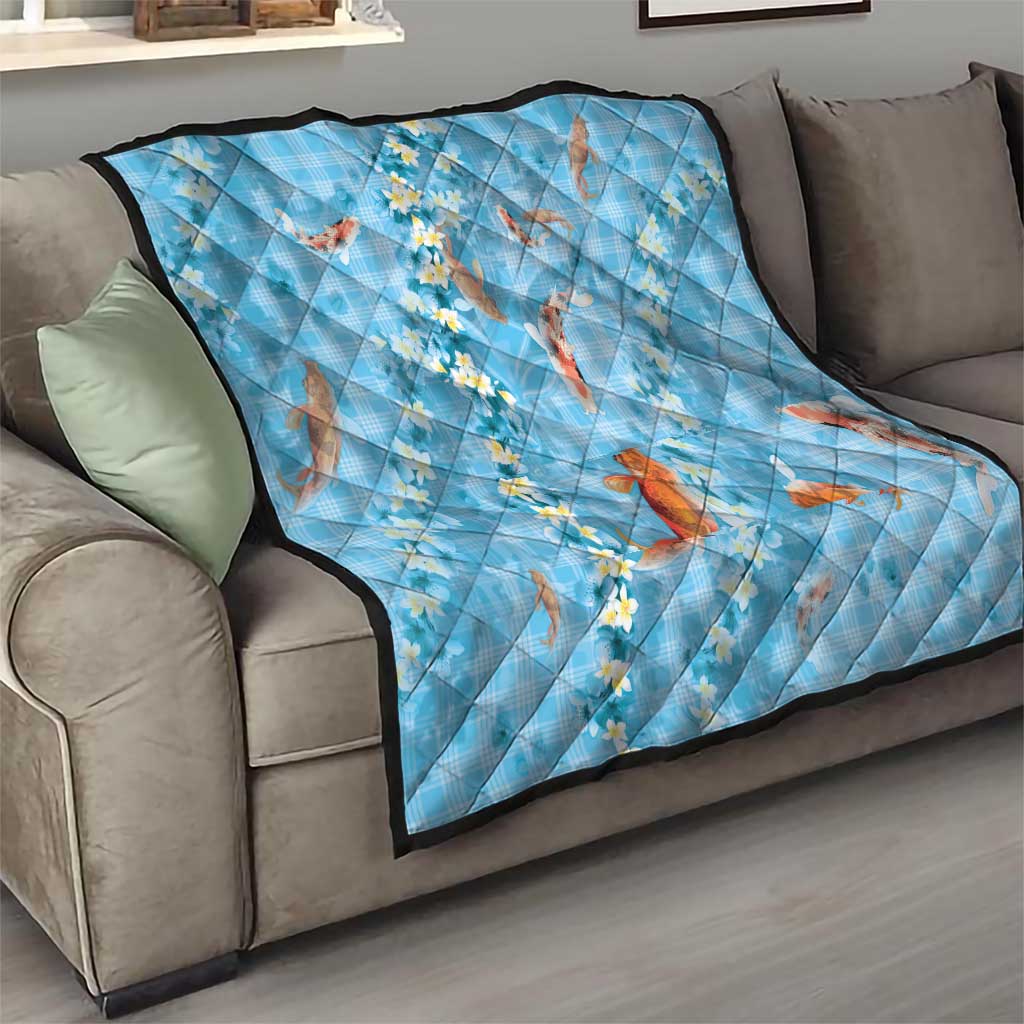 Blue Palaka Hawaiian And Japanese Quilt Sakura Lei With Koi Fish - Polynesian Pride
