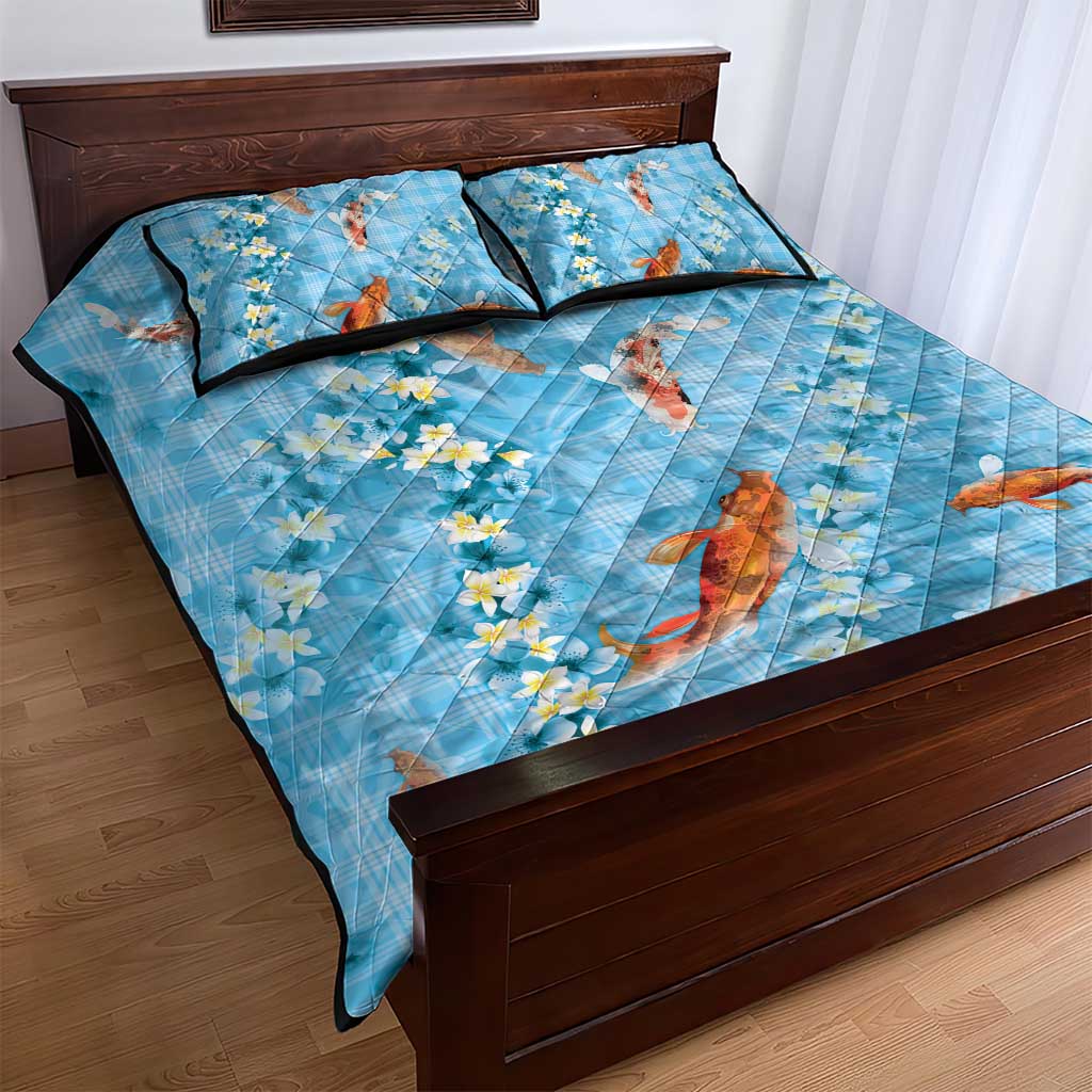 Blue Palaka Hawaiian And Japanese Quilt Bed Set Sakura Lei With Koi Fish DT05 - Polynesian Pride