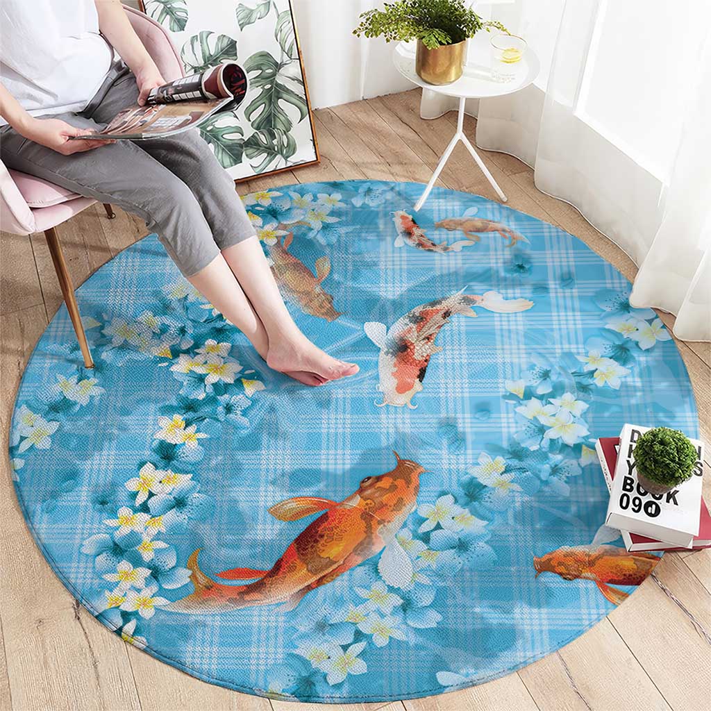 Blue Palaka Hawaiian And Japanese Round Carpet Sakura Lei With Koi Fish - Polynesian Pride