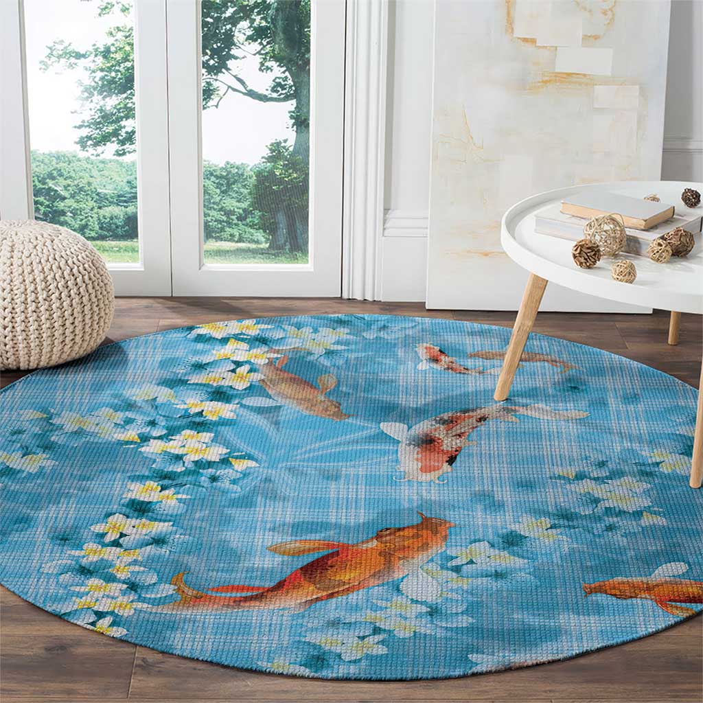 Blue Palaka Hawaiian And Japanese Round Carpet Sakura Lei With Koi Fish - Polynesian Pride