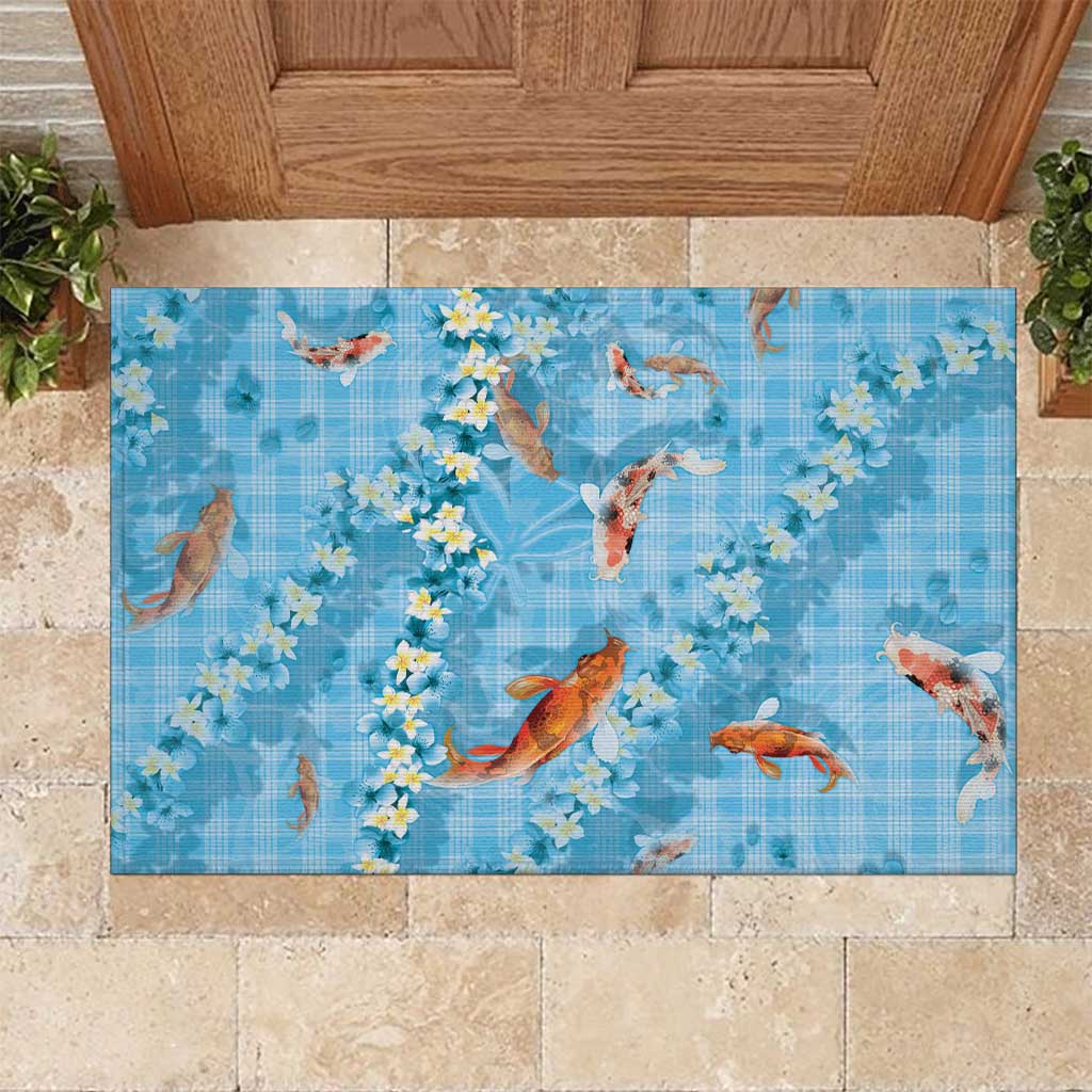 Blue Palaka Hawaiian And Japanese Rubber Doormat Sakura Lei With Koi Fish - Polynesian Pride
