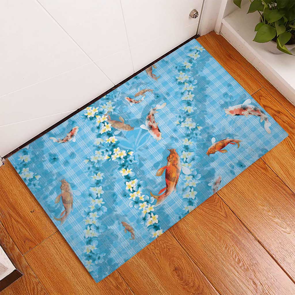 Blue Palaka Hawaiian And Japanese Rubber Doormat Sakura Lei With Koi Fish - Polynesian Pride