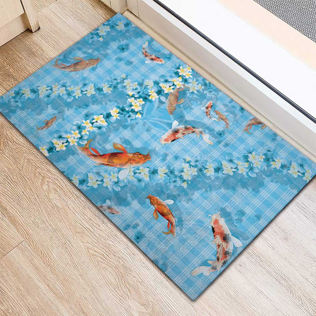 Blue Palaka Hawaiian And Japanese Rubber Doormat Sakura Lei With Koi Fish - Polynesian Pride
