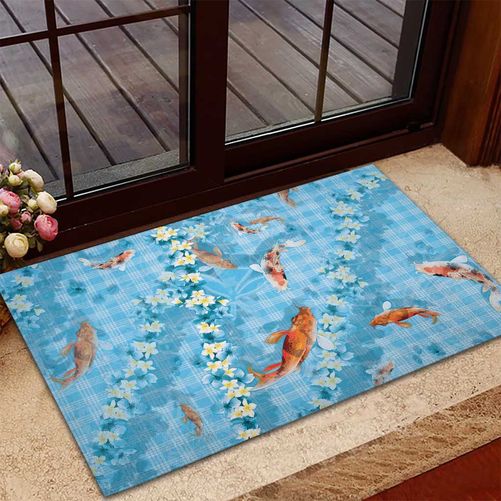 Blue Palaka Hawaiian And Japanese Rubber Doormat Sakura Lei With Koi Fish - Polynesian Pride