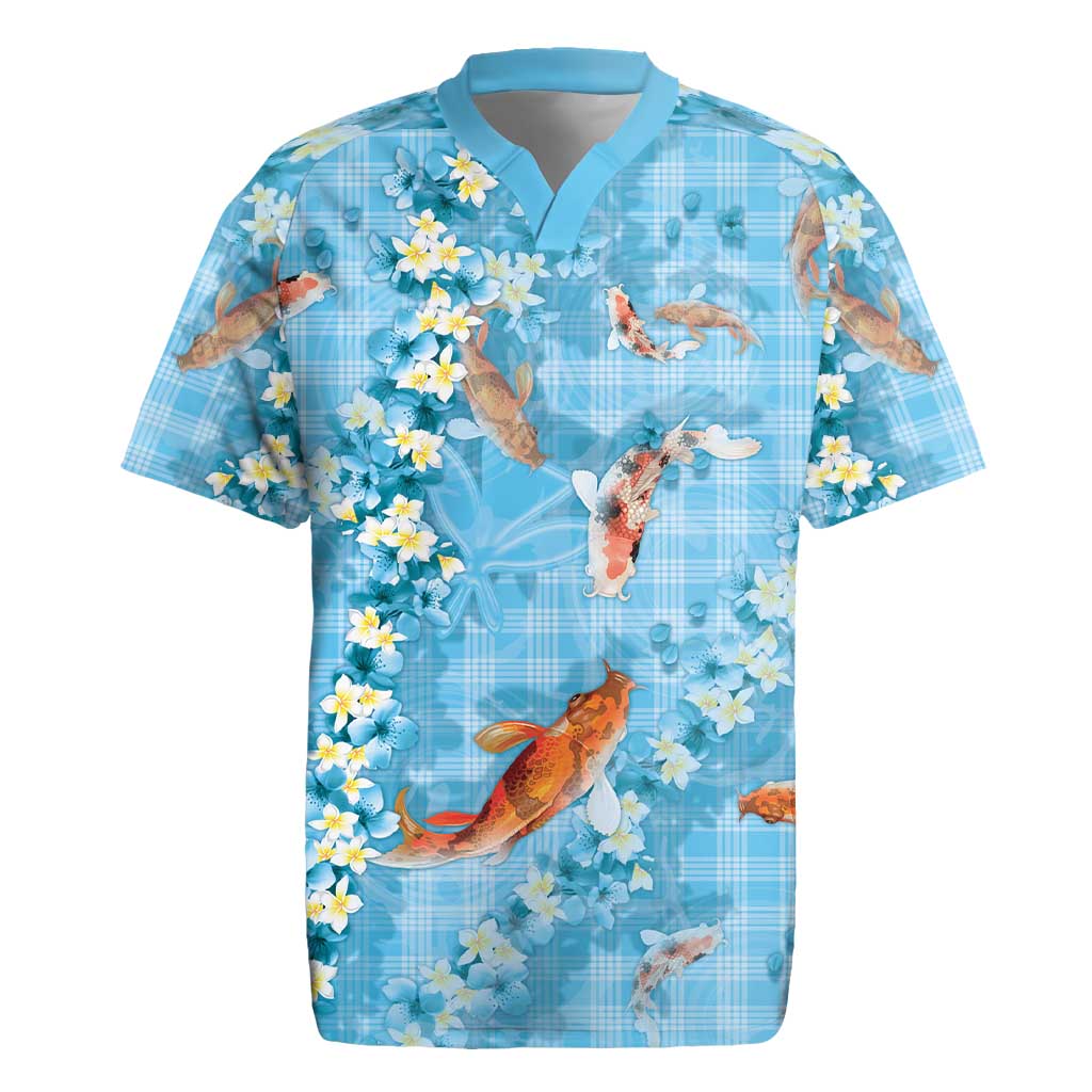 Blue Palaka Hawaiian And Japanese Rugby Jersey Sakura Lei With Koi Fish - Polynesian Pride