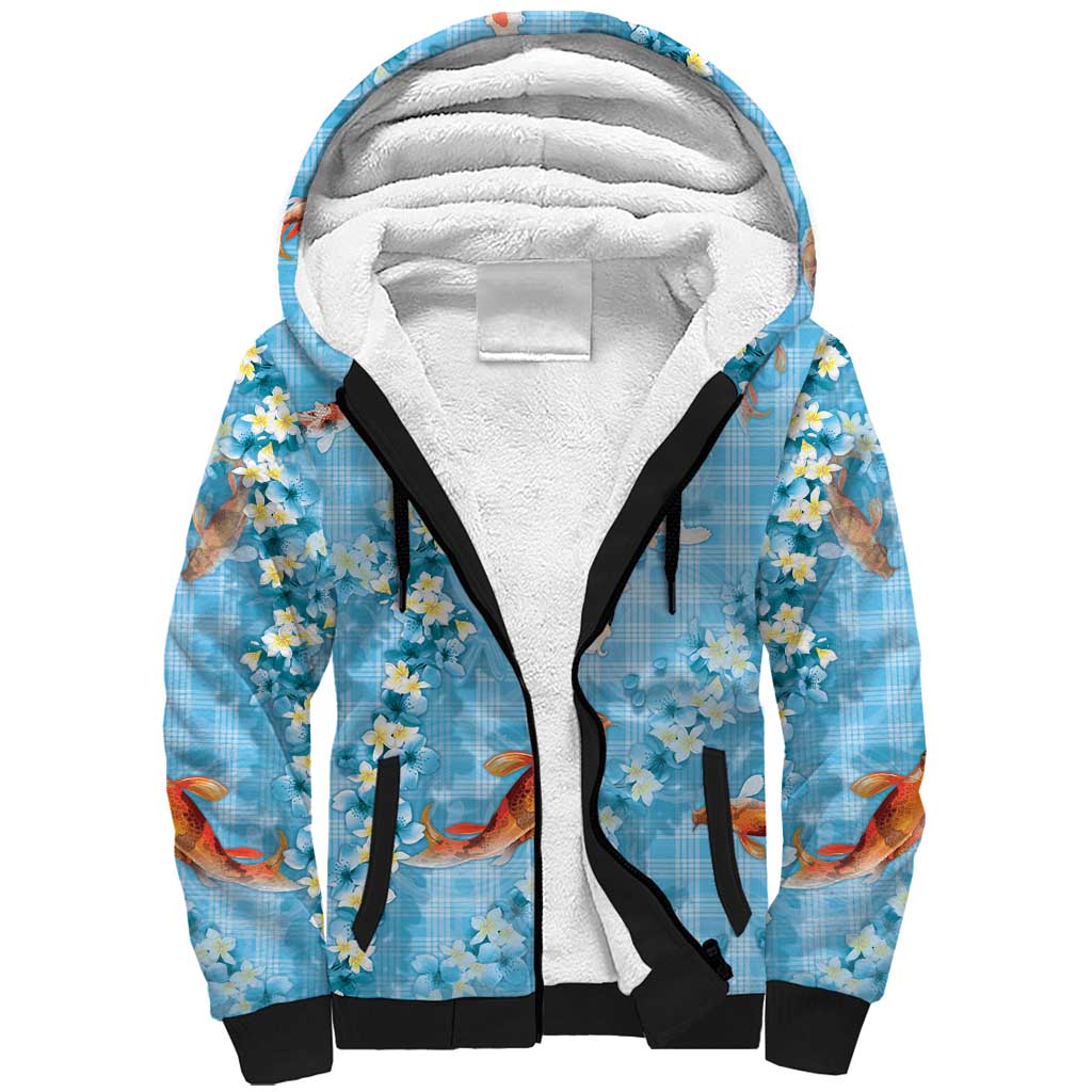 Blue Palaka Hawaiian And Japanese Sherpa Hoodie Sakura Lei With Koi Fish DT05 Unisex Blue - Polynesian Pride