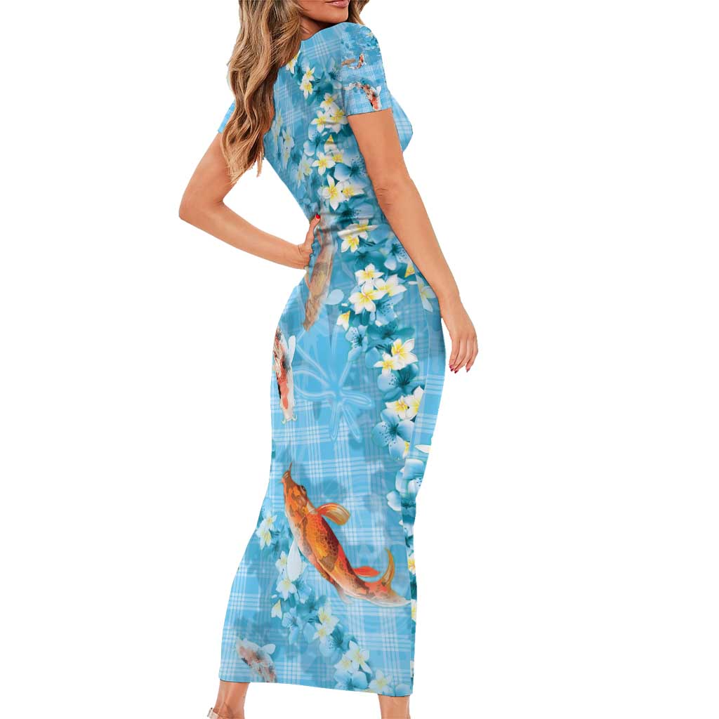 Blue Palaka Hawaiian And Japanese Short Sleeve Bodycon Dress Sakura Lei With Koi Fish - Polynesian Pride