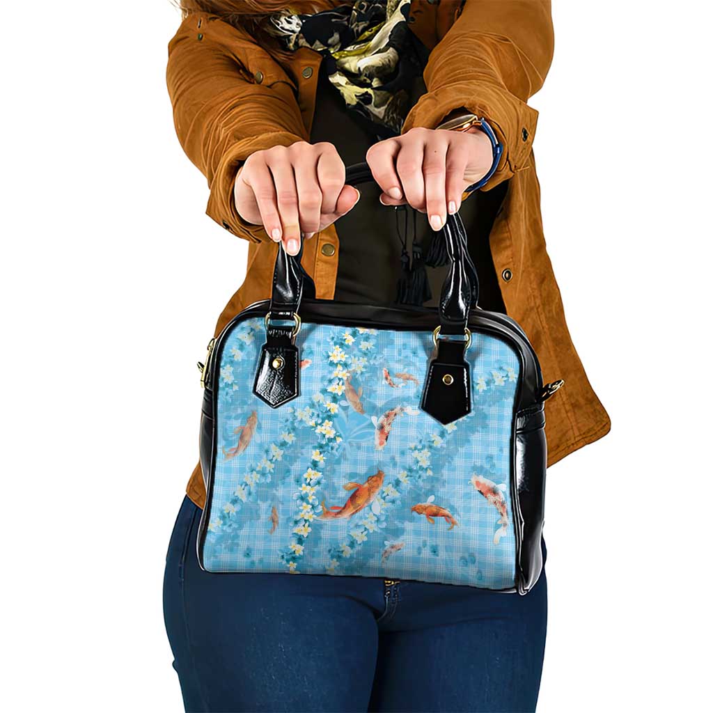 Blue Palaka Hawaiian And Japanese Shoulder Handbag Sakura Lei With Koi Fish - Polynesian Pride