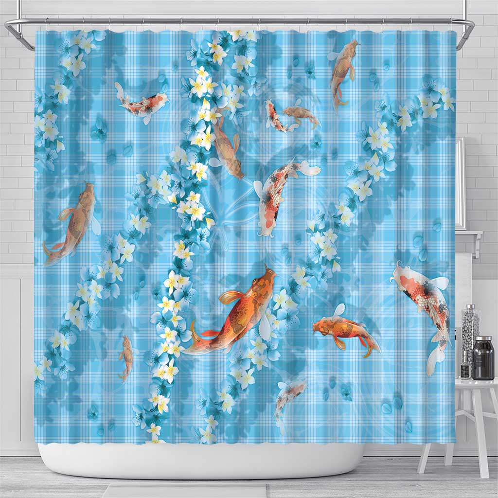 Blue Palaka Hawaiian And Japanese Shower Curtain Sakura Lei With Koi Fish - Polynesian Pride