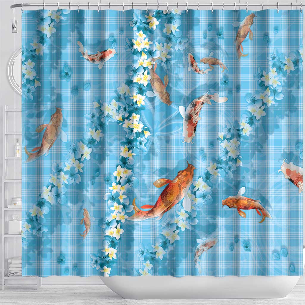 Blue Palaka Hawaiian And Japanese Shower Curtain Sakura Lei With Koi Fish - Polynesian Pride