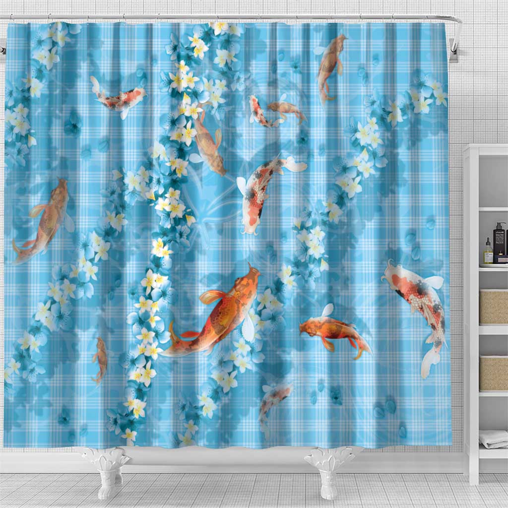 Blue Palaka Hawaiian And Japanese Shower Curtain Sakura Lei With Koi Fish - Polynesian Pride
