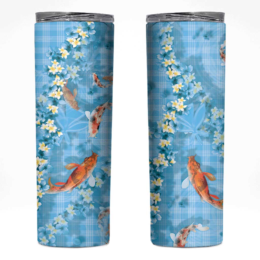 Blue Palaka Hawaiian And Japanese Skinny Tumbler Sakura Lei With Koi Fish - Polynesian Pride