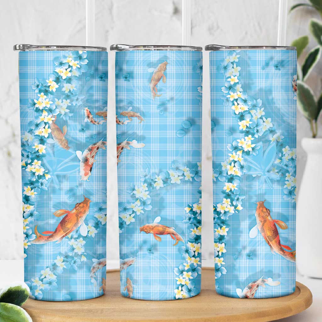 Blue Palaka Hawaiian And Japanese Skinny Tumbler Sakura Lei With Koi Fish - Polynesian Pride