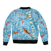 Blue Palaka Hawaiian And Japanese Sleeve Zip Bomber Jacket Sakura Lei With Koi Fish - Polynesian Pride