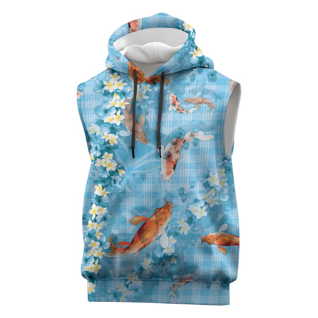 Blue Palaka Hawaiian And Japanese Sleeveless Hoodie Sakura Lei With Koi Fish - Polynesian Pride