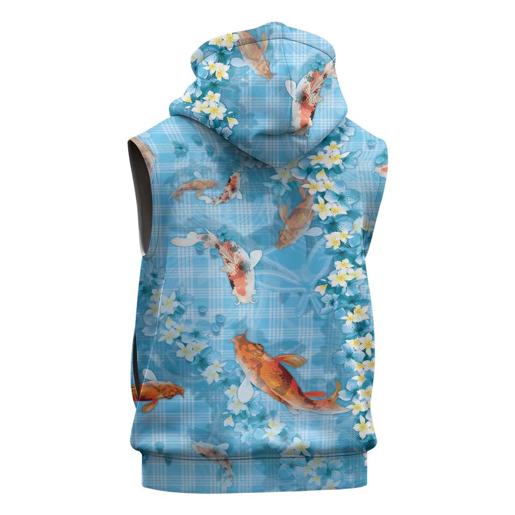Blue Palaka Hawaiian And Japanese Sleeveless Zip Hoodie Sakura Lei With Koi Fish - Polynesian Pride