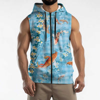 Blue Palaka Hawaiian And Japanese Sleeveless Zip Hoodie Sakura Lei With Koi Fish - Polynesian Pride