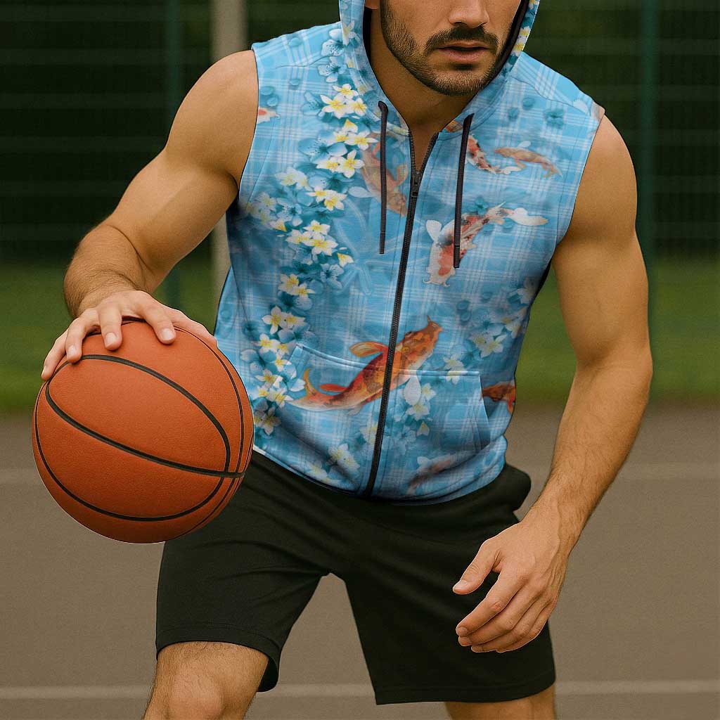 Blue Palaka Hawaiian And Japanese Sleeveless Zip Hoodie Sakura Lei With Koi Fish - Polynesian Pride