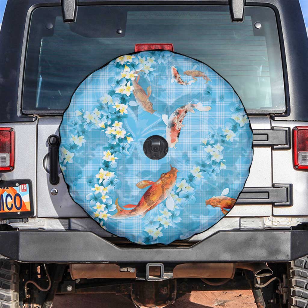 Blue Palaka Hawaiian And Japanese Spare Tire Cover Sakura Lei With Koi Fish - Polynesian Pride