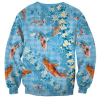 Blue Palaka Hawaiian And Japanese Sweatshirt Sakura Lei With Koi Fish - Polynesian Pride