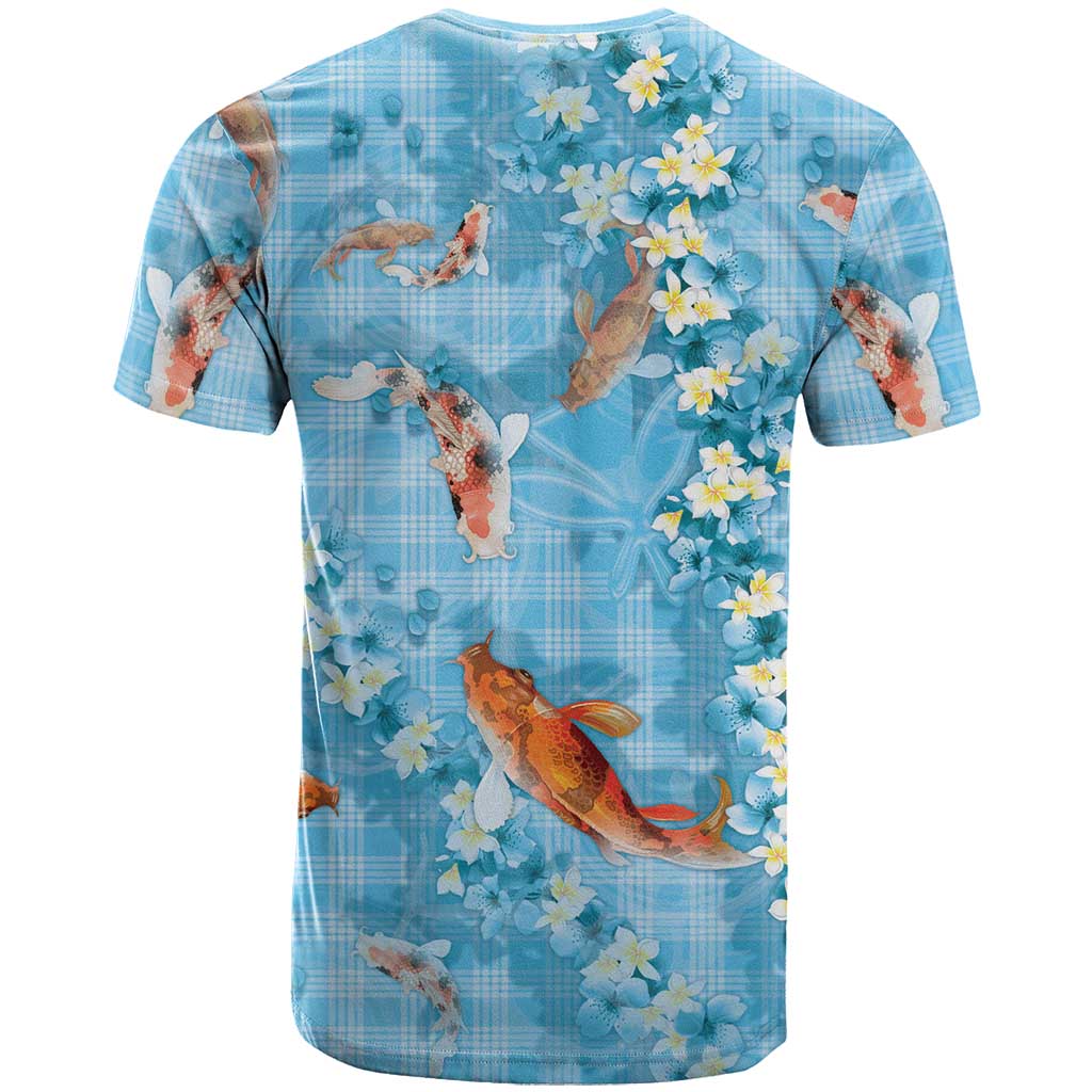 Blue Palaka Hawaiian And Japanese T Shirt Sakura Lei With Koi Fish - Polynesian Pride