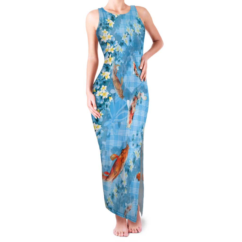 Blue Palaka Hawaiian And Japanese Tank Maxi Dress Sakura Lei With Koi Fish DT05 Women Blue - Polynesian Pride