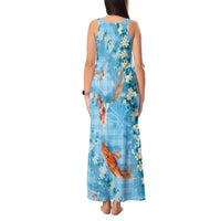 Blue Palaka Hawaiian And Japanese Tank Maxi Dress Sakura Lei With Koi Fish DT05 - Polynesian Pride