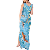 Blue Palaka Hawaiian And Japanese Tank Maxi Dress Sakura Lei With Koi Fish DT05 - Polynesian Pride