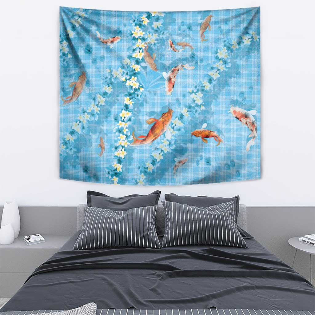 Blue Palaka Hawaiian And Japanese Tapestry Sakura Lei With Koi Fish - Polynesian Pride