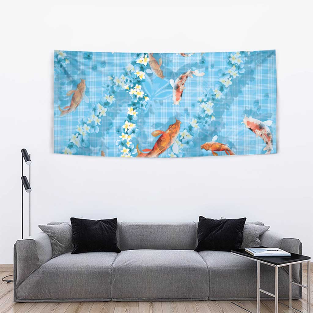 Blue Palaka Hawaiian And Japanese Tapestry Sakura Lei With Koi Fish - Polynesian Pride